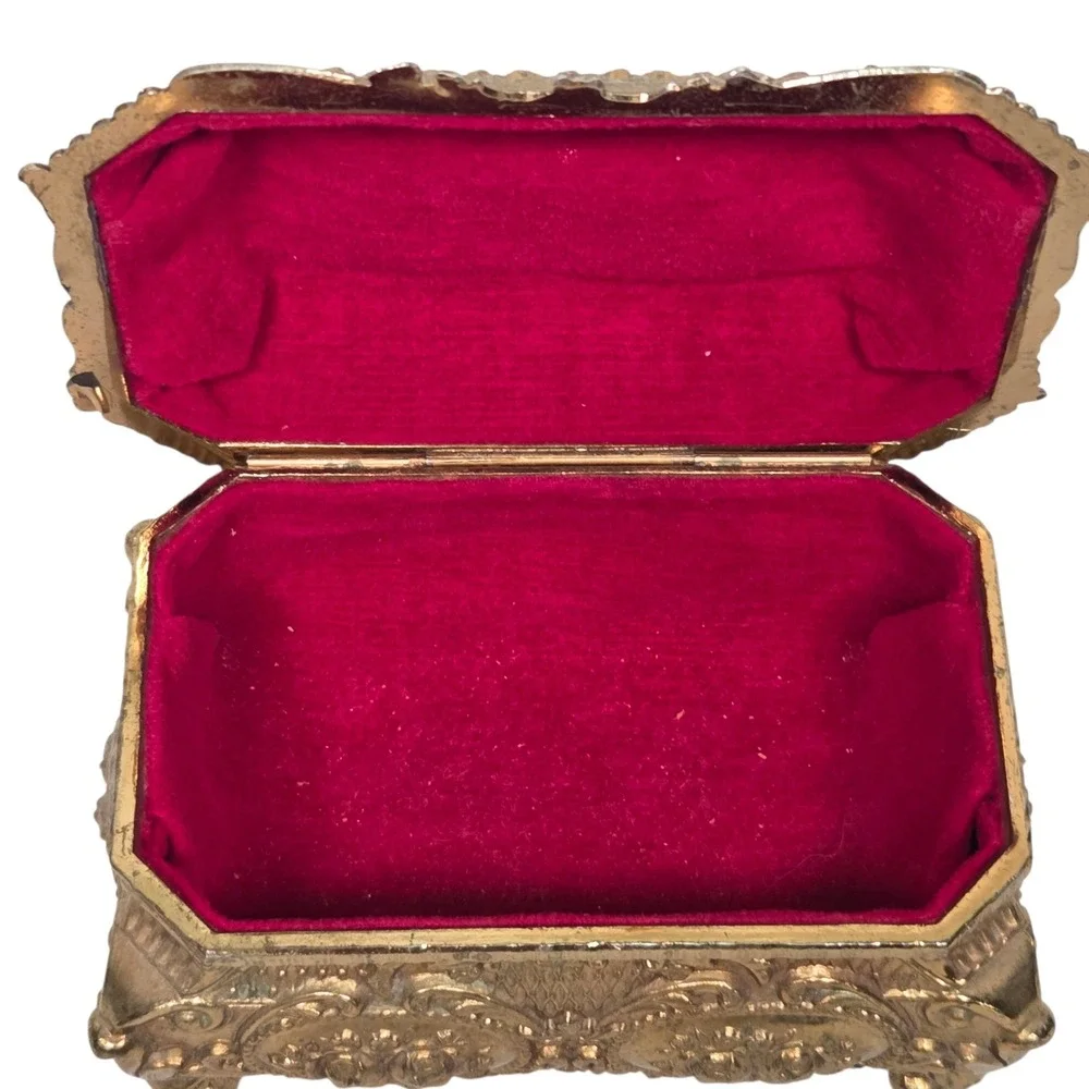 Jewelry Box  Gold Ornate Floral Footed Red Velvet Lining Vintage Heavy vtg